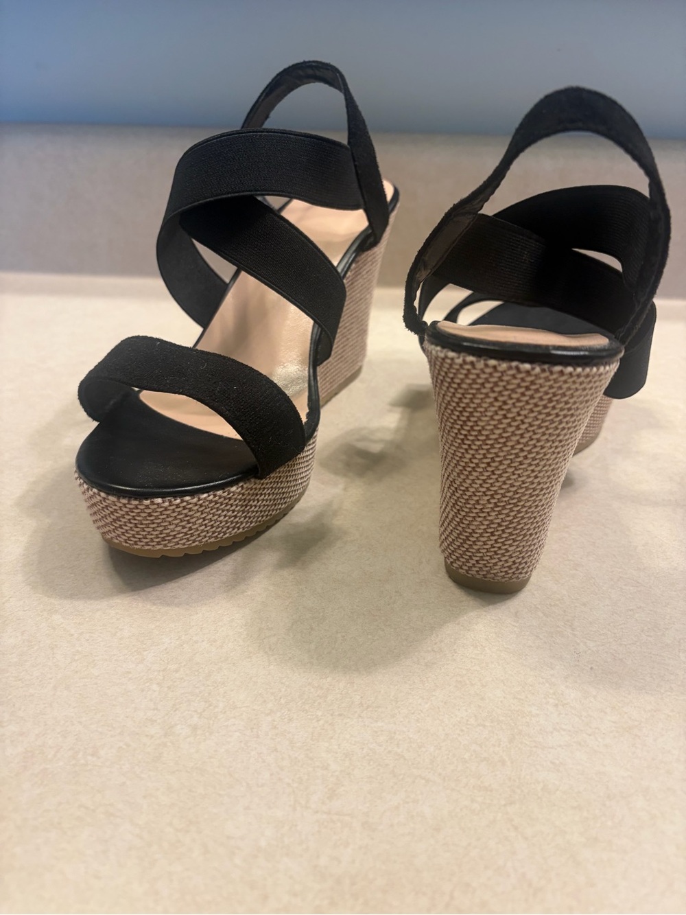 Woven Platform Slingback Wedge Heels - Black and Tan